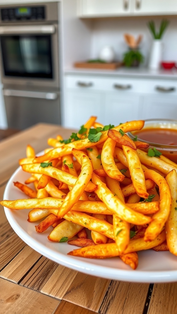 Crispy Air Fryer Daikon Radish Fries Crispy daikon radish fries served with dipping sauce on a rustic table.